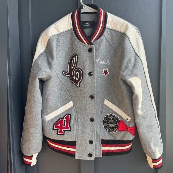 Coach Gray Metallic Patch Wool Varsity Jacket
with Red and White Details - Picture 3 of 14